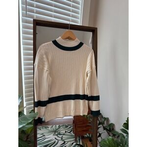 Cream‎ Ribbed Mock Neck Sweater Dark Green Stripe Long Sleeve Women's Size S
